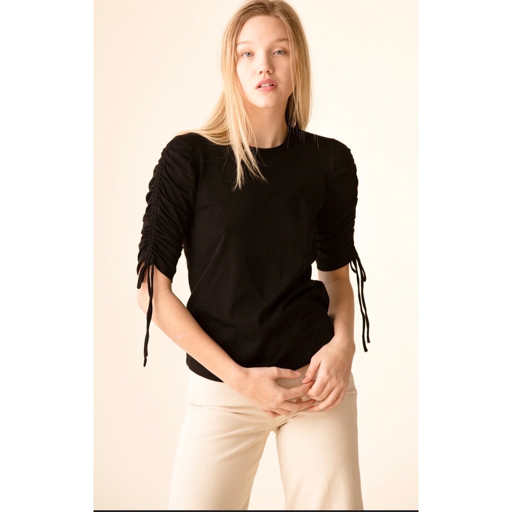 Goldie Black Basic Pima Cotton Ruched Tie Sleeve Tee Shirt Womens Small Layering